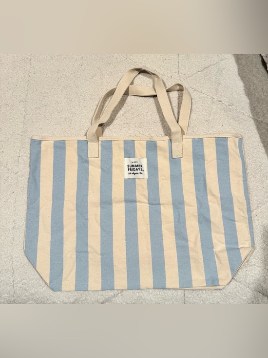 Summer Fridays Handbags - Summer Fridays Striped Canvas Tote in Light Blue and Cream